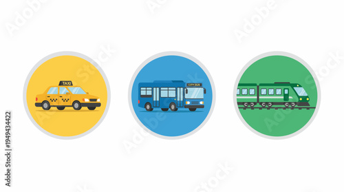 Set of flat circular icons featuring yellow taxi, blue city bus and green train, concept for public transportation logistics, urban travel planning and city commuting infrastructure