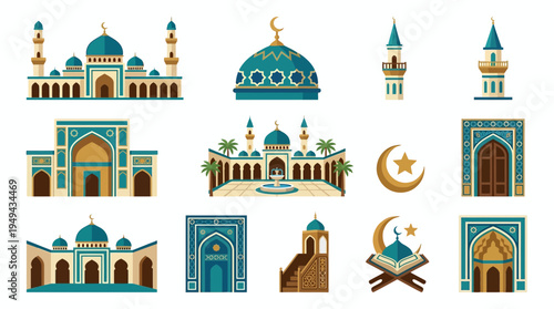 Set of flat islamic mosque buildings and minaret architectural elements isolated on white background, concept for ramadan greeting card, religious celebration event and cultural banner design