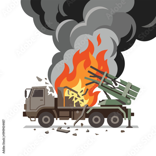 vector of damaged ground war vehicles burned by missile attack 004