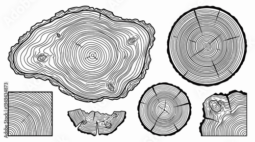 Set of black and white wood grain texture cross sections on white background, concept for nature illustration, artistic graphic design and carpentry decoration