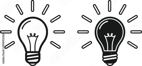 Black and white light bulb with rays on white background lightbulb idea inspiration
