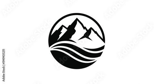 Black silhouette mountain landscape logo with waves in a circle
