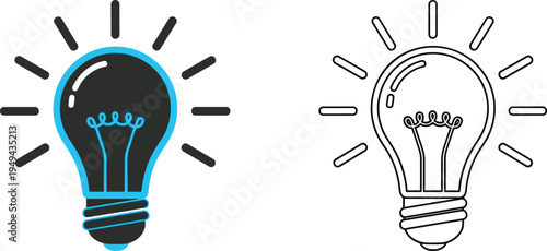 Black and blue light bulb with rays on white background lightbulb lamp illumination idea