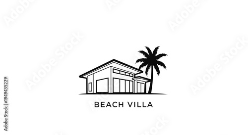 A black and white illustration of a beach villa with a palm tree next to it