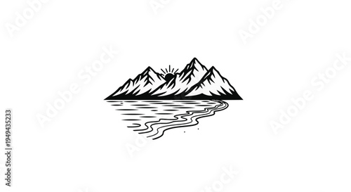 Fotografie Black and white illustration of a mountain range with sun and lake