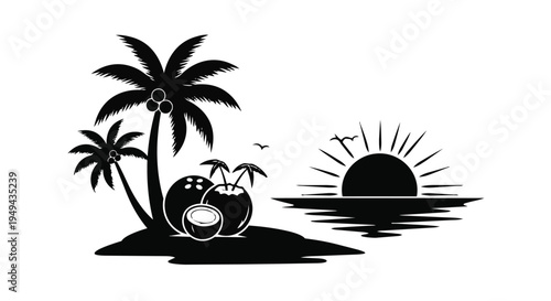 Black silhouette of a tropical island with palm trees and a smiling coconut
