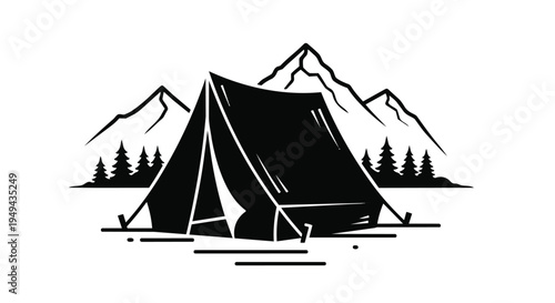 Black and white illustration of a tent in front of mountains and trees in a scenic landscape