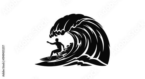 A black silhouette of a surfer riding a large wave with motion and energy