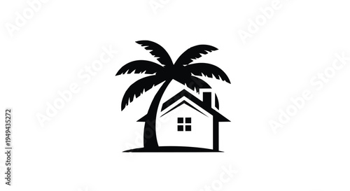 Black silhouette of a house with a palm tree on a for design and decoration purposes