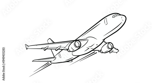 A black and white line drawing of an airplane flying through the air with motion lines