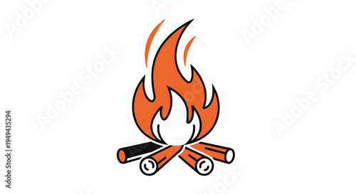 A campfire with burning flames and crossed logs on a for outdoor or camping concepts