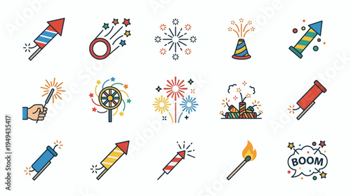 Set of colorful fireworks and festive party elements icons in flat style, concept for holiday celebration, event planning and entertainment industry