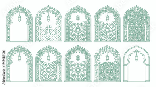 Set of ten islamic style arches with intricate geometric pattern and hanging lanterns, concept for ramadan greeting card, middle eastern architectural decoration and cultural event design