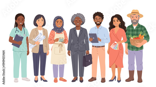 Diverse group of people standing.