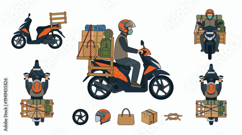 Set of motorcycle delivery courier icons with cargo and boxes from multiple angles, concept for logistics industry, e-commerce transportation and urban shipping services