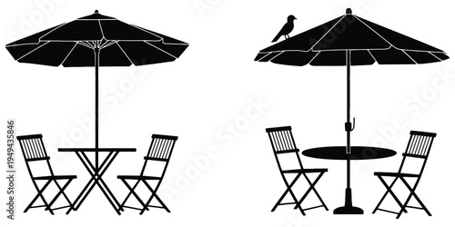 Outdoor Cafe Table and Chairs with Umbrella Silhouette, Black and White Vector Illustration Isolated on White Background, Restaurant Terrace, Garden Patio Furniture Concept for Bistro Dining