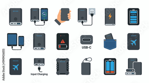 Set of flat power bank icons depicting various charging devices and battery status, concept for mobile technology infrastructure, digital hardware utility and modern electronic energy solution