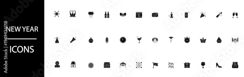 A collection of black and white New Year icons