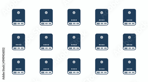 Set of power bank icons on white background, concept for mobile charging technology, electronic device accessories and digital backup energy solutions