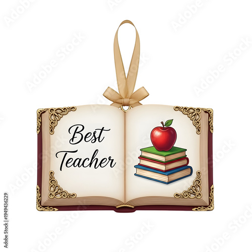 Ornament of an open book with best teacher text and apple on top of stack of books isolated on transparent background