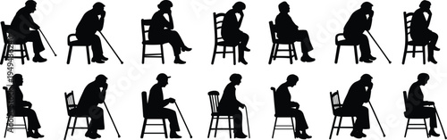 Elderly people sitting on chairs with walking canes silhouettes isolated on white background, senior citizen aging and retirement illustration set
