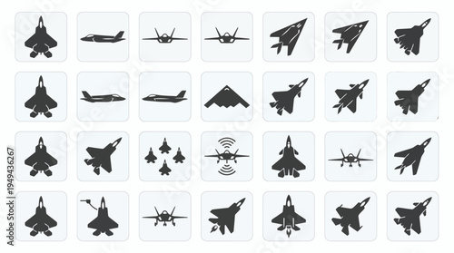 Set of modern military fighter jet icons in silhouette style, concept for aviation defense technology, aeronautical engineering industry and stealth weapon equipment