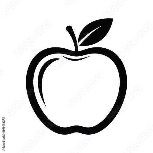 Simple Black and White Apple Icon with Leaf and Stem - Vector Graphic Art