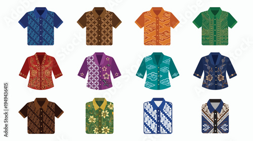 Set of colorful traditional Indonesian batik shirts with floral and ethnic patterns, concept for fashion design presentation, clothing catalog illustration and textile retail branding