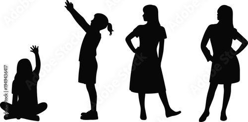 Girl to woman silhouettes showing female growth stages isolated on white background, child development and growing up concept illustration set