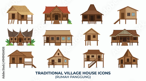 Set of traditional Indonesian stilt house icons featuring diverse wooden architectural styles, concept for cultural heritage education, tourism travel guide and historical architectural project