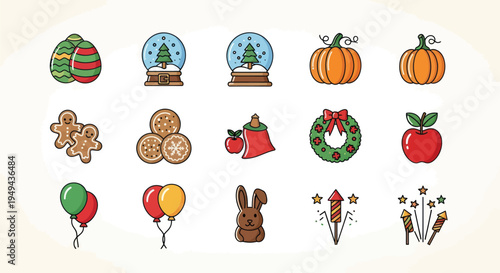 Holiday icons festive collection illustrations