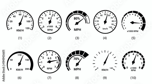 Set of black and white speedometer and tachometer icons isolated on white background, concept for automotive dashboard design, vehicle performance monitoring and industrial gauge measurement