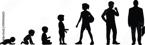 Male life stages silhouettes from baby to businessman isolated on white background, human growth and aging concept illustration set