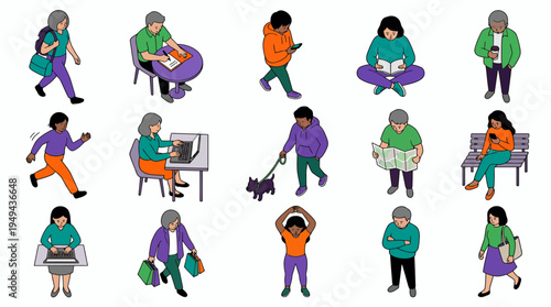 diverse isometric characters of office workers and urban people doing daily activities, concept for modern lifestyle illustration, corporate professional workflow and social community engagement