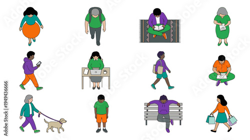 Top view set of diverse people like office manager, project analyst and creative designer doing daily activities, concept for urban lifestyle, social interaction and professional networking