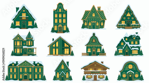 Set of decorative dark green winter houses with golden ornaments and snow on roofs, concept for holiday greeting cards, festive season graphic design and seasonal website decoration