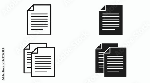 Set of black and white document file icons with text lines, concept for office administration, data management and digital documentation