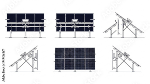 Solar Collector System Panels Set with Six Elevations AutoCAD Blueprint Technical Drawing