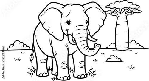 A black and white illustration of an elephant in a savannah