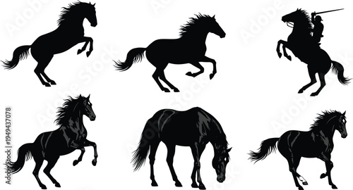 Black silhouettes of horses in various poses