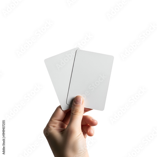 Hand holding two blank white playing cards isolated on transparent background