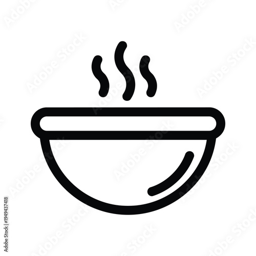 Simple black outline icon of a steaming bowl of food on a white background. Versatile symbol for hot meals, soup, and comfort food.