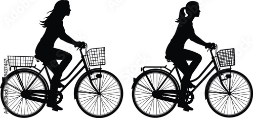 Woman cycling silhouette set, female riding bicycle with basket, eco transport commuting fitness outdoor activity healthy lifestyle concept