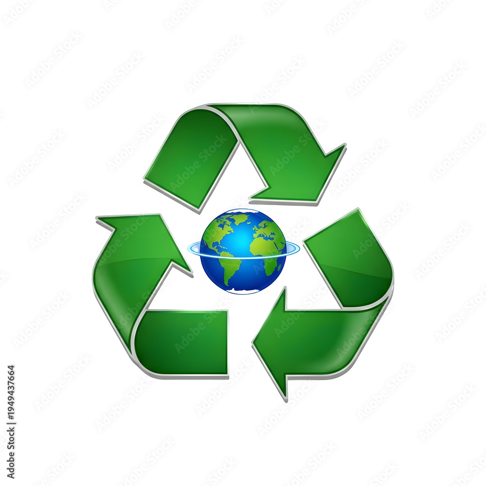 Fototapeta premium Green recycling symbol with earth globe in center isolated on transparent background for eco friendly concepts