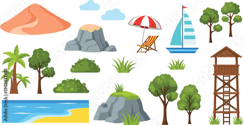Nature landscape elements set, trees rocks beach volcano sailboat umbrella grass vector collection for outdoor environment design illustration
