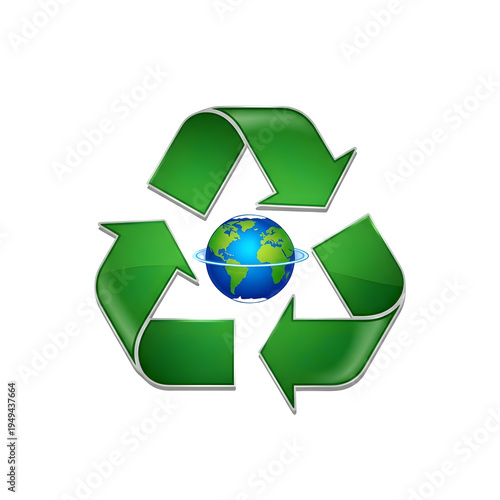 Green recycling symbol with earth globe in center isolated on transparent background for eco friendly concepts