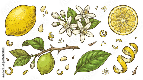 Illustration of lemons, leaves, and flowers with peels scattered around