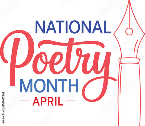 National Poetry Month April Awareness Logo with Stylized Fountain Pen Nib Illustration for Creative Writing Workshops and Literary Arts Festivals