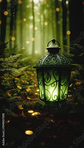 Christmas green lantern in the dark forest