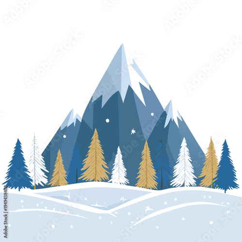 Stylized mountain scene with pine trees in winter season